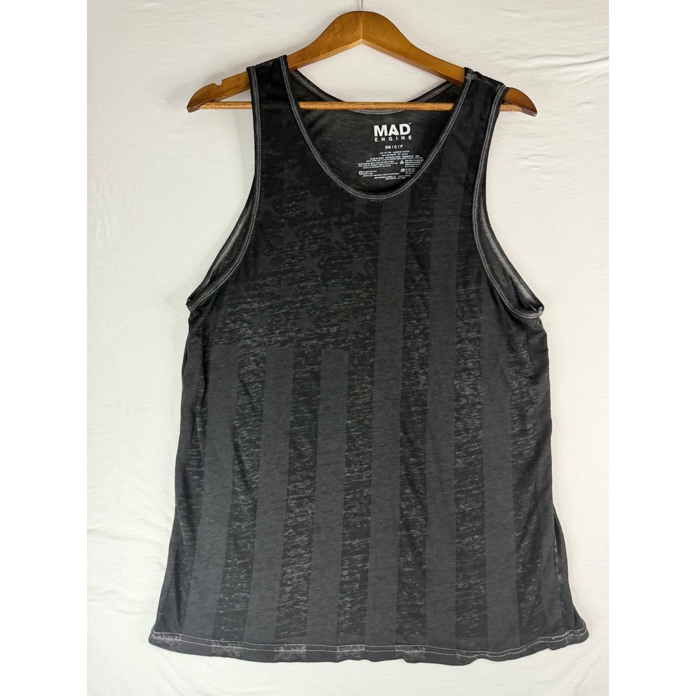 Mad Engine Tank Top Mens Small Black Excellent American Flag Burnout Print